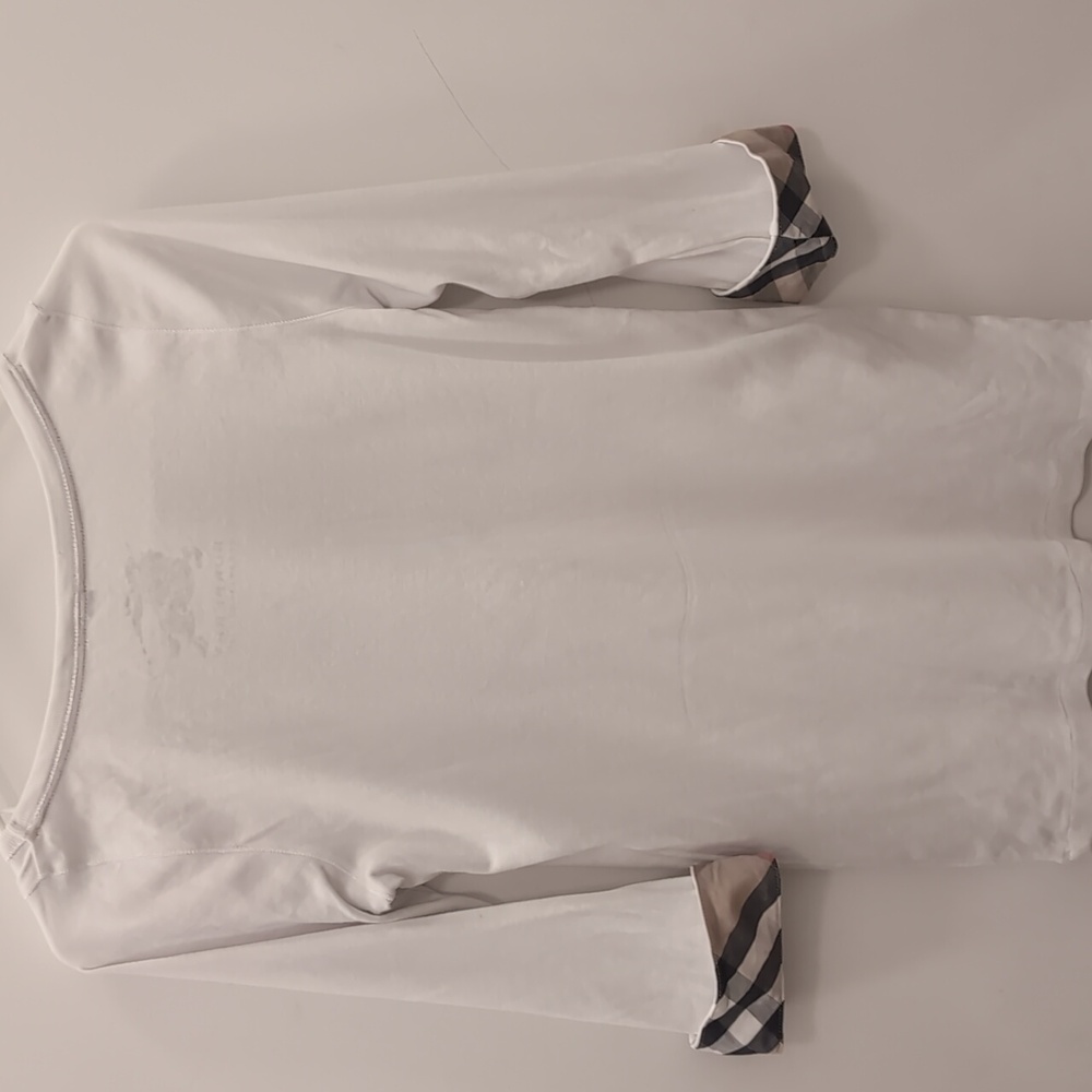 Burberry White Top with Plaid Cuffs M - Picture 8 of 11